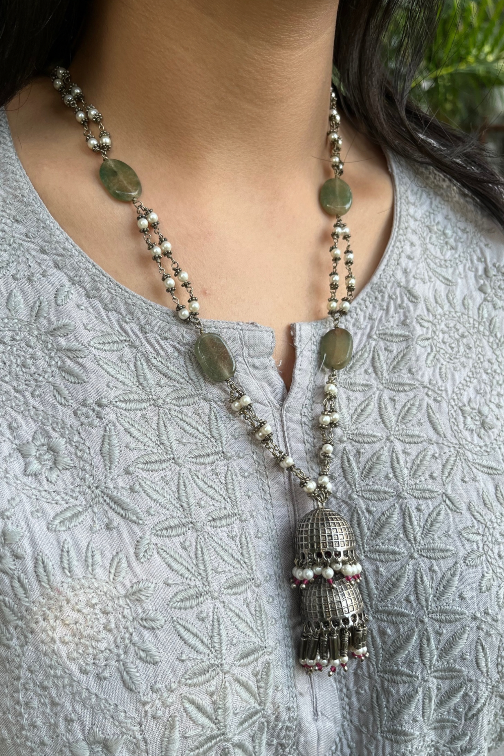 GREEN FLAT STONES DOUBLE JHUMKI NECKLACE SET