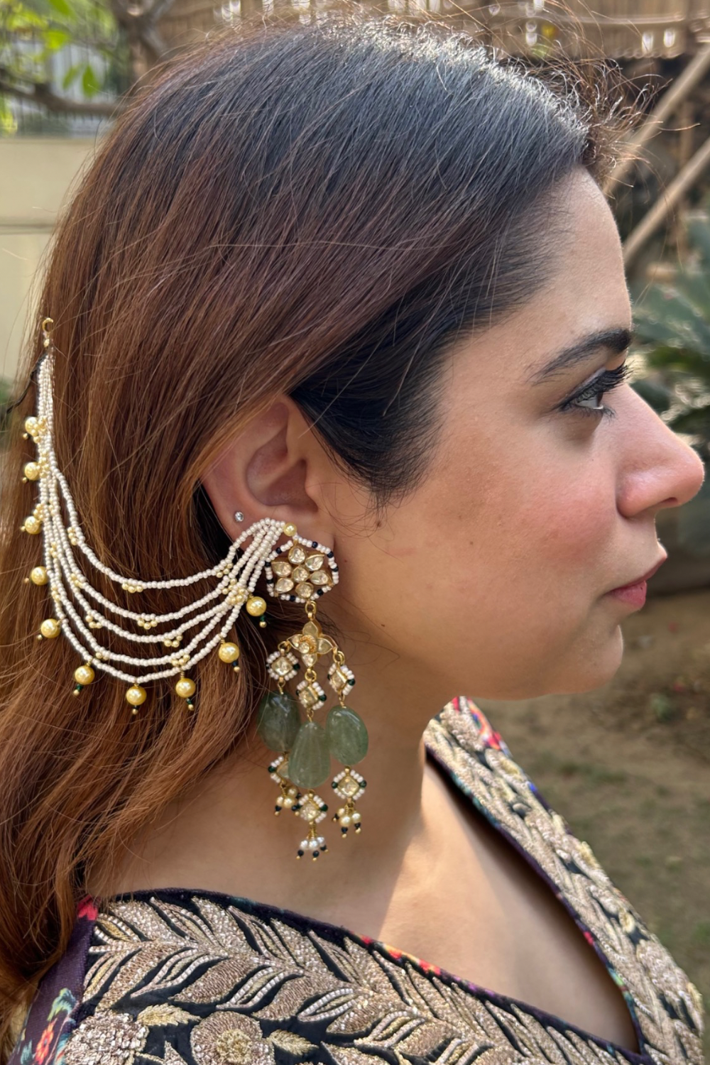 EMERALD GREEN KUNDANKARI KAANCHAIN EARRINGS