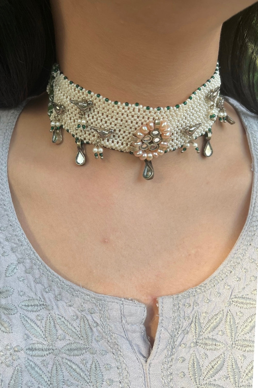 SILVER POLKI BIRD JAALI CHOKER