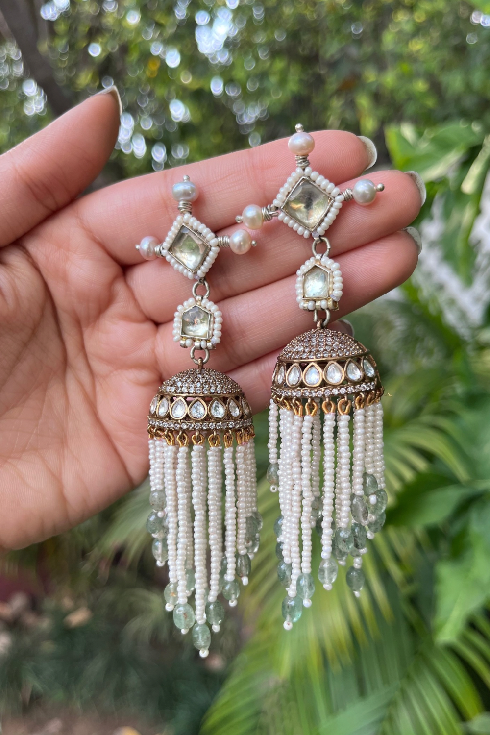 DIAMANTÉ SAGE TASSEL JHUMKIS