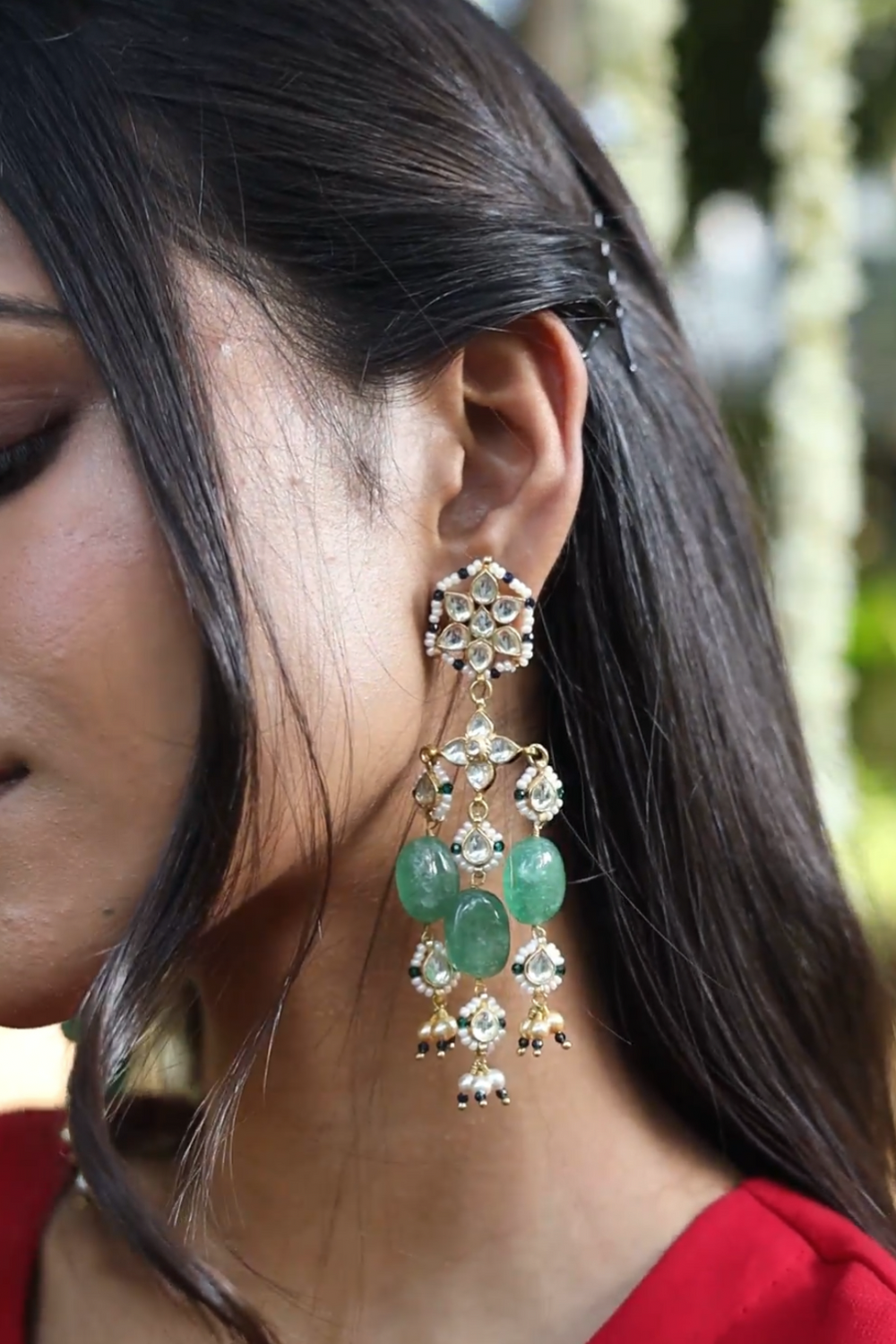 DETACHABLE EMERALD GREEN KUNDANKARI KAANCHAIN EARRINGS