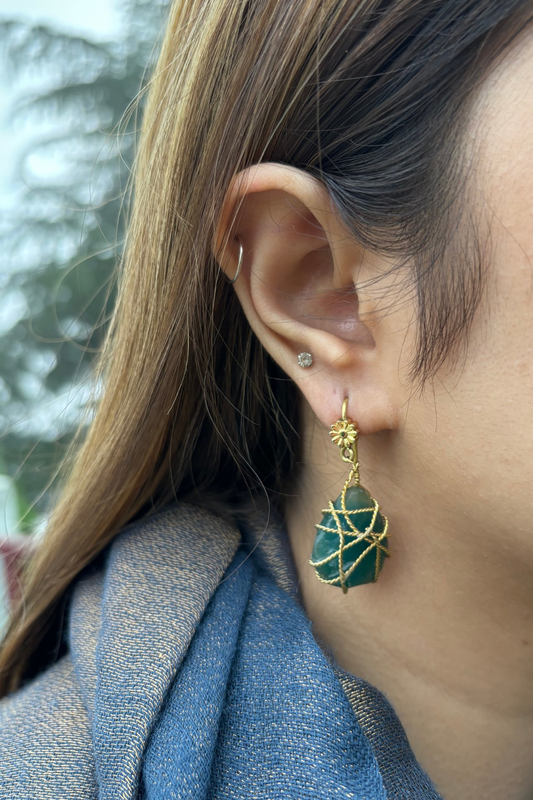 TWISTED GOLD-WRAPPED TEAL BLUE EARRINGS