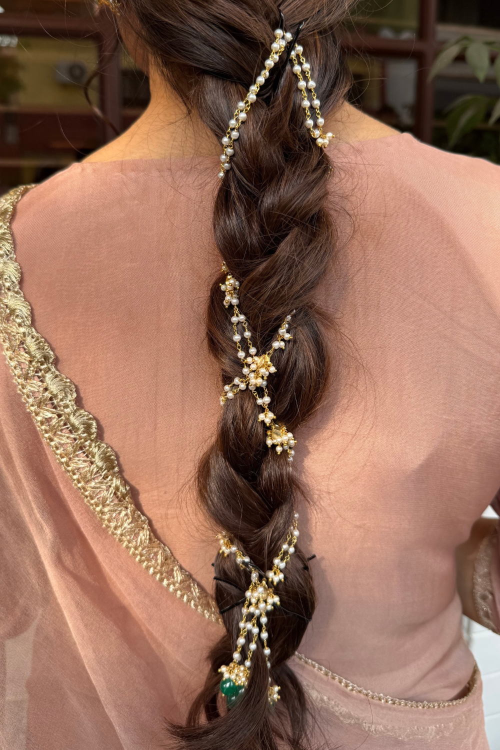 POLKI MOTI HAIR CHAIN- GREEN & WHITE