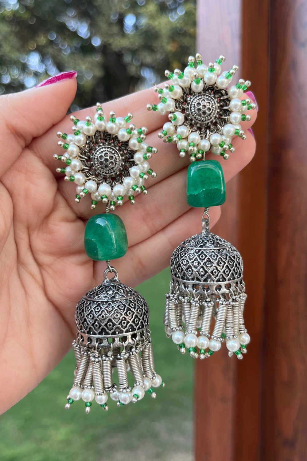 GREEN TUMBLE SHLOK JHUMKIS