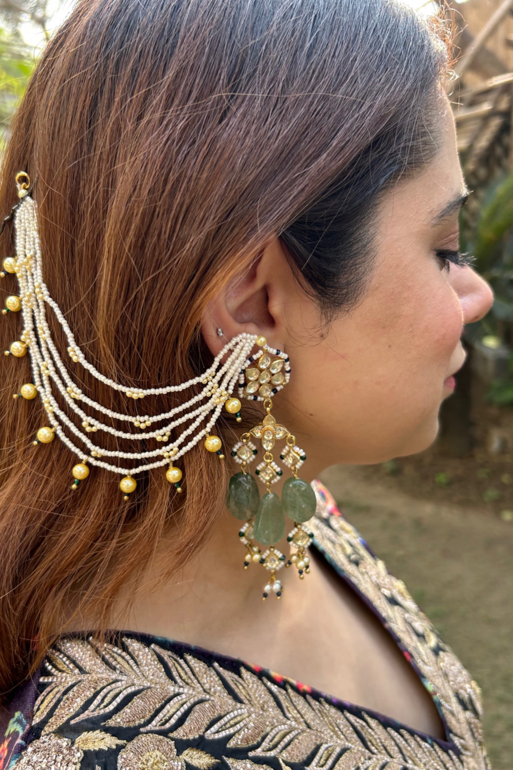 EMERALD GREEN KUNDANKARI KAANCHAIN EARRINGS