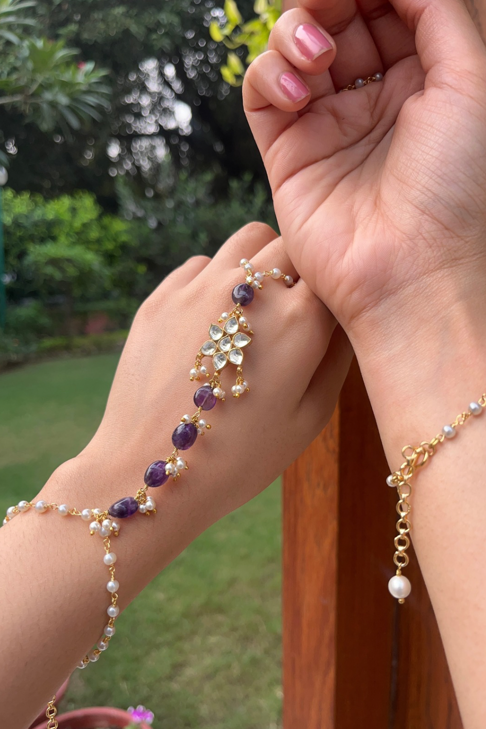 POLKI FLOWER PEARL CHAIN PURPLE HATHPHOOL (PAIR)