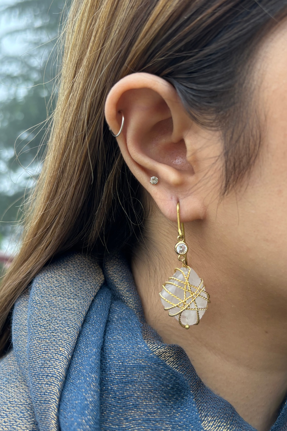 TWISTED GOLD-WRAPPED BUTTERFLY ROSE QUARTZ EARRINGS