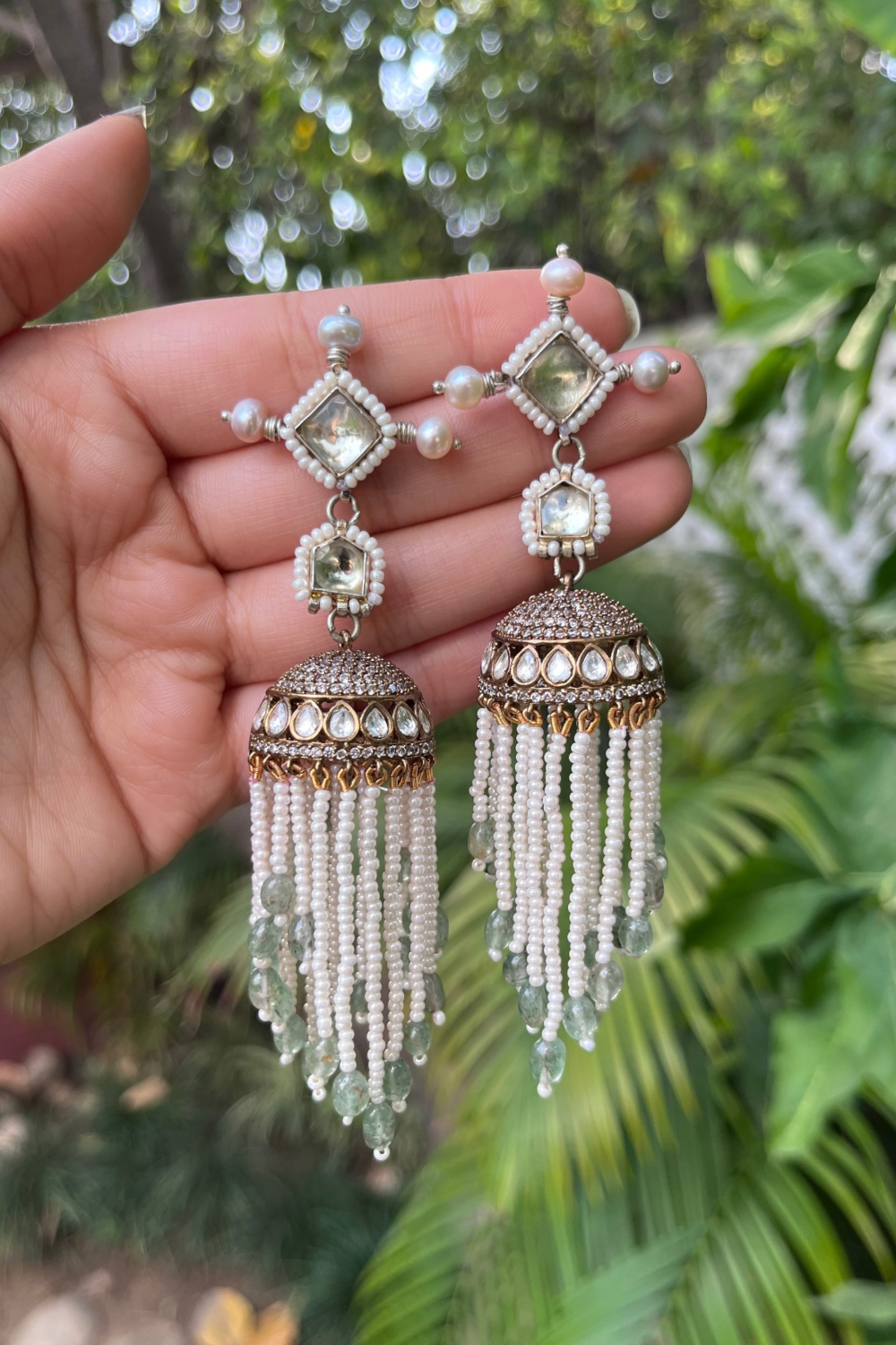 DIAMANTÉ SAGE TASSEL JHUMKIS