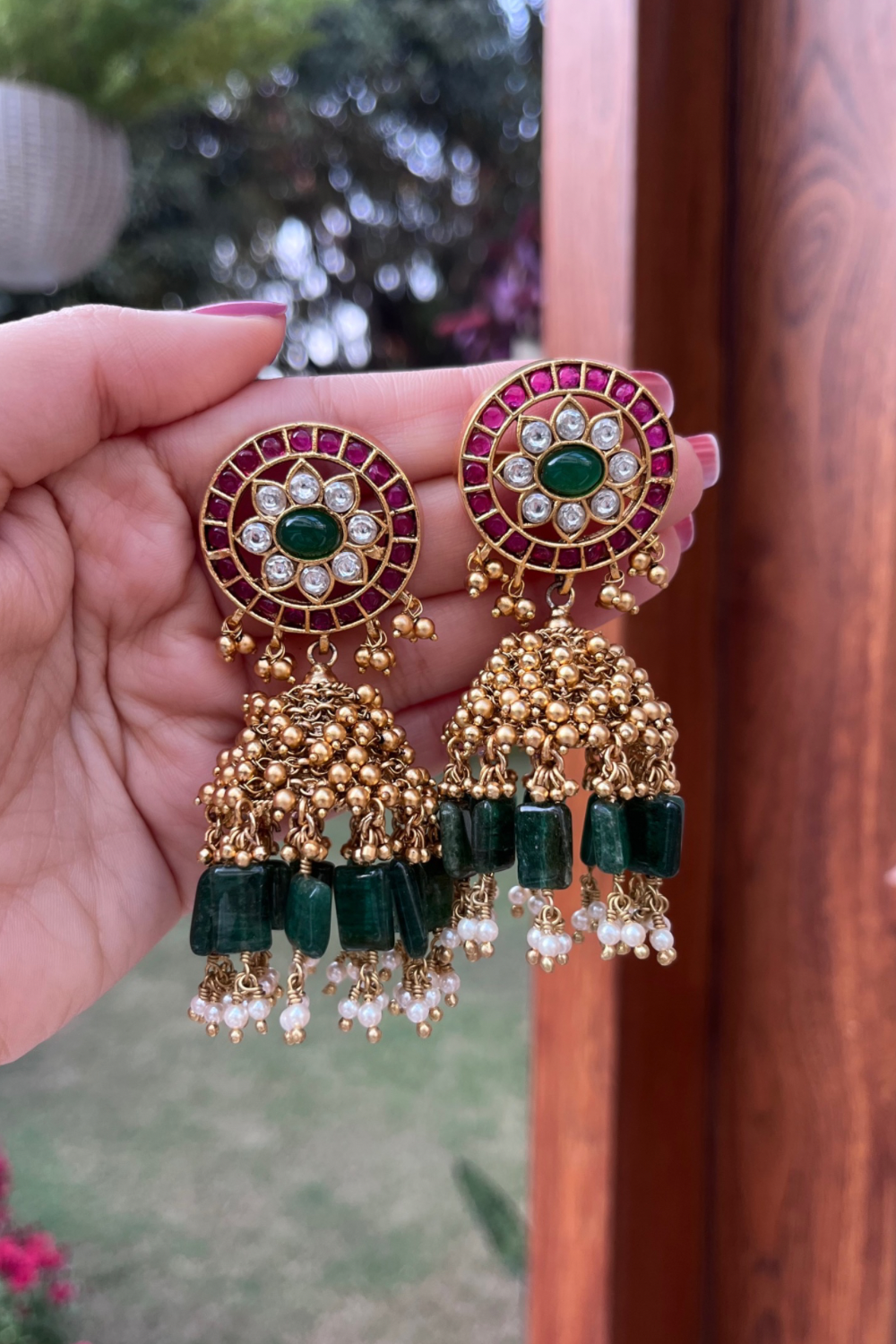 RED GREEN GOLD JHUMKAS WITH KAANCHAIN