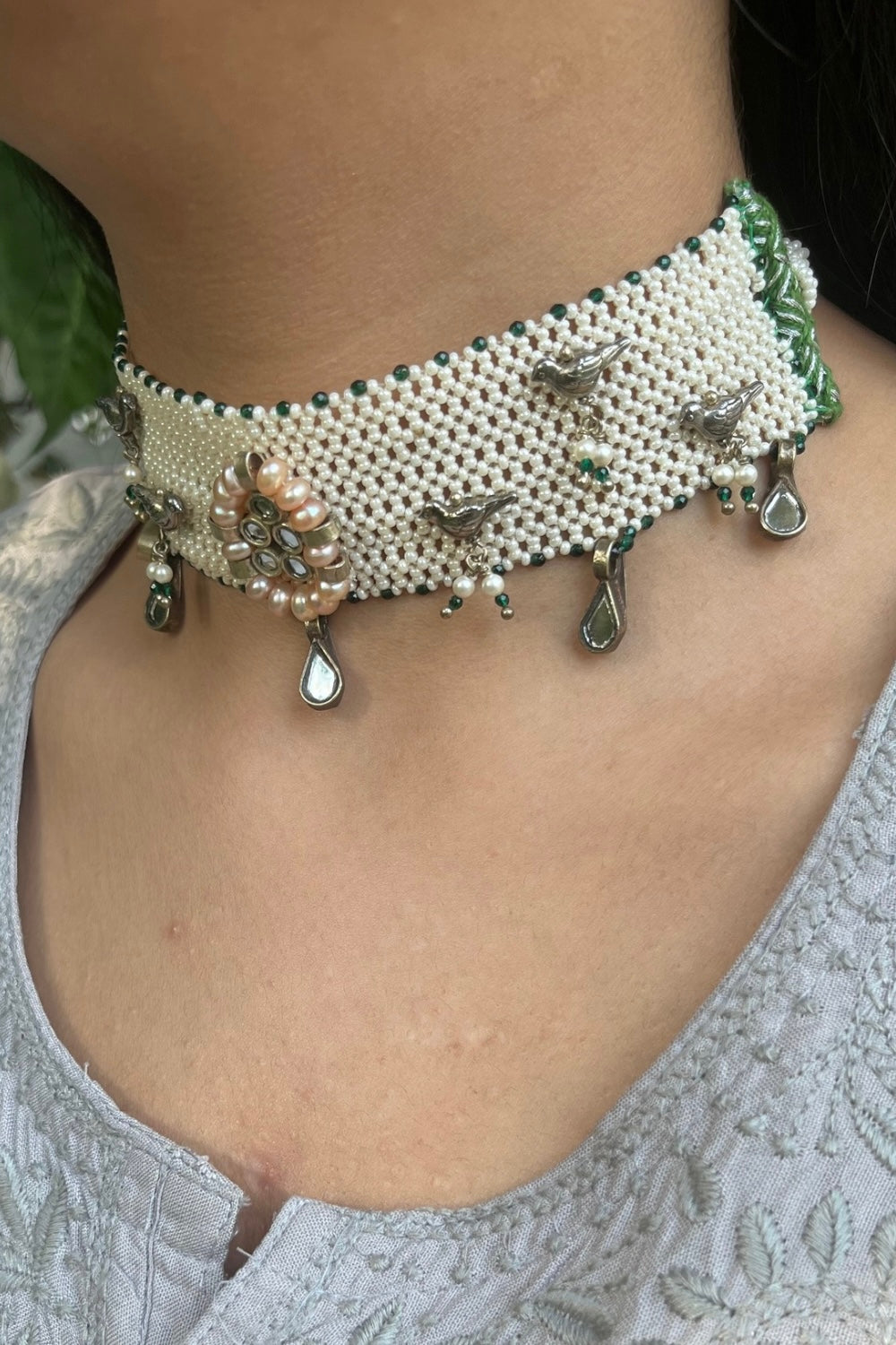 SILVER POLKI BIRD JAALI CHOKER