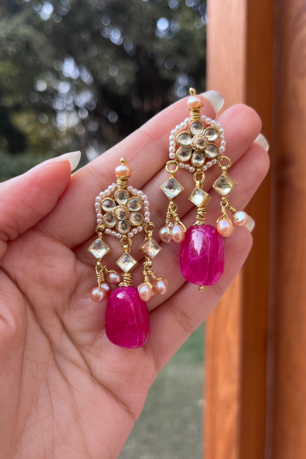 POLKI THREE DIYA EARRINGS - PINK