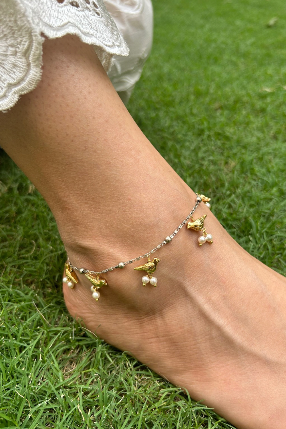 GOLD SILVER HUMMINGBIRD ANKLETS (PAIR)