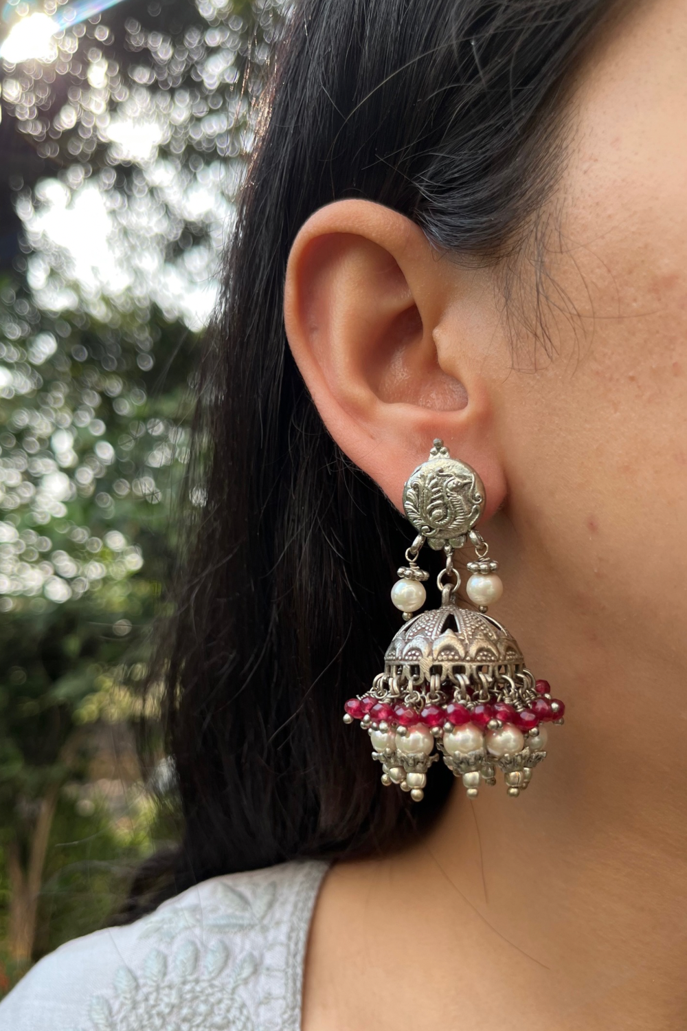 PEACOCK RED JADE AND PEARL JHUMKIS