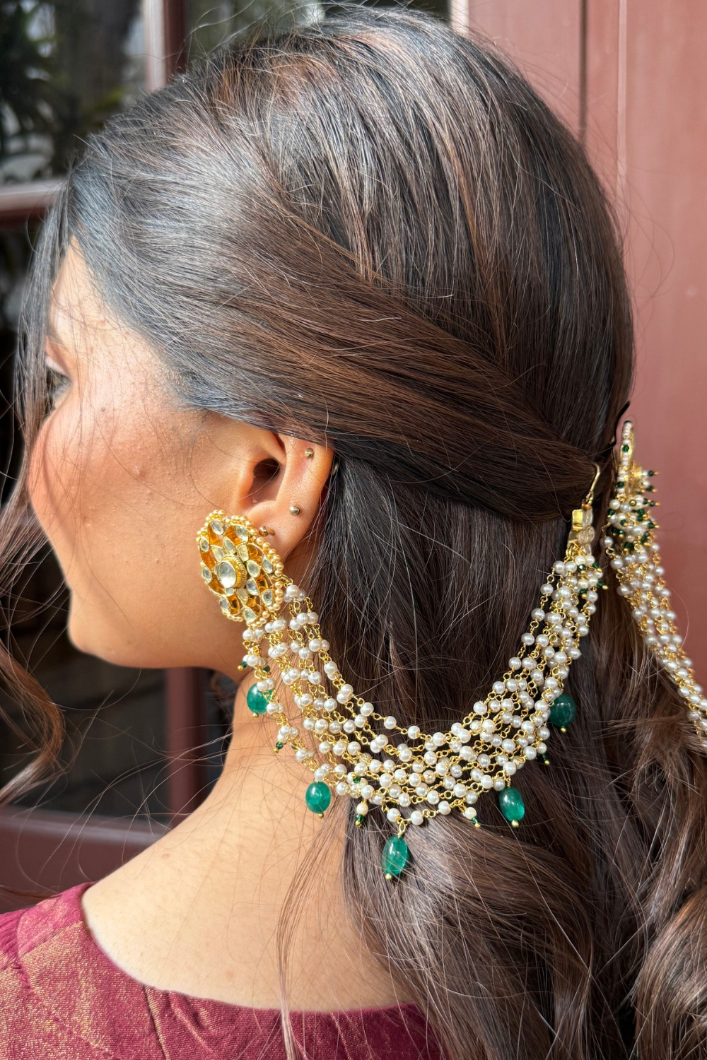 KUNDAN PEARL HEAVY SAHARA EARRINGS & HAIR PIN COMBO