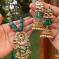 GREEN TUMBLE KUNDAN NECKLACE JHUMKIS SET