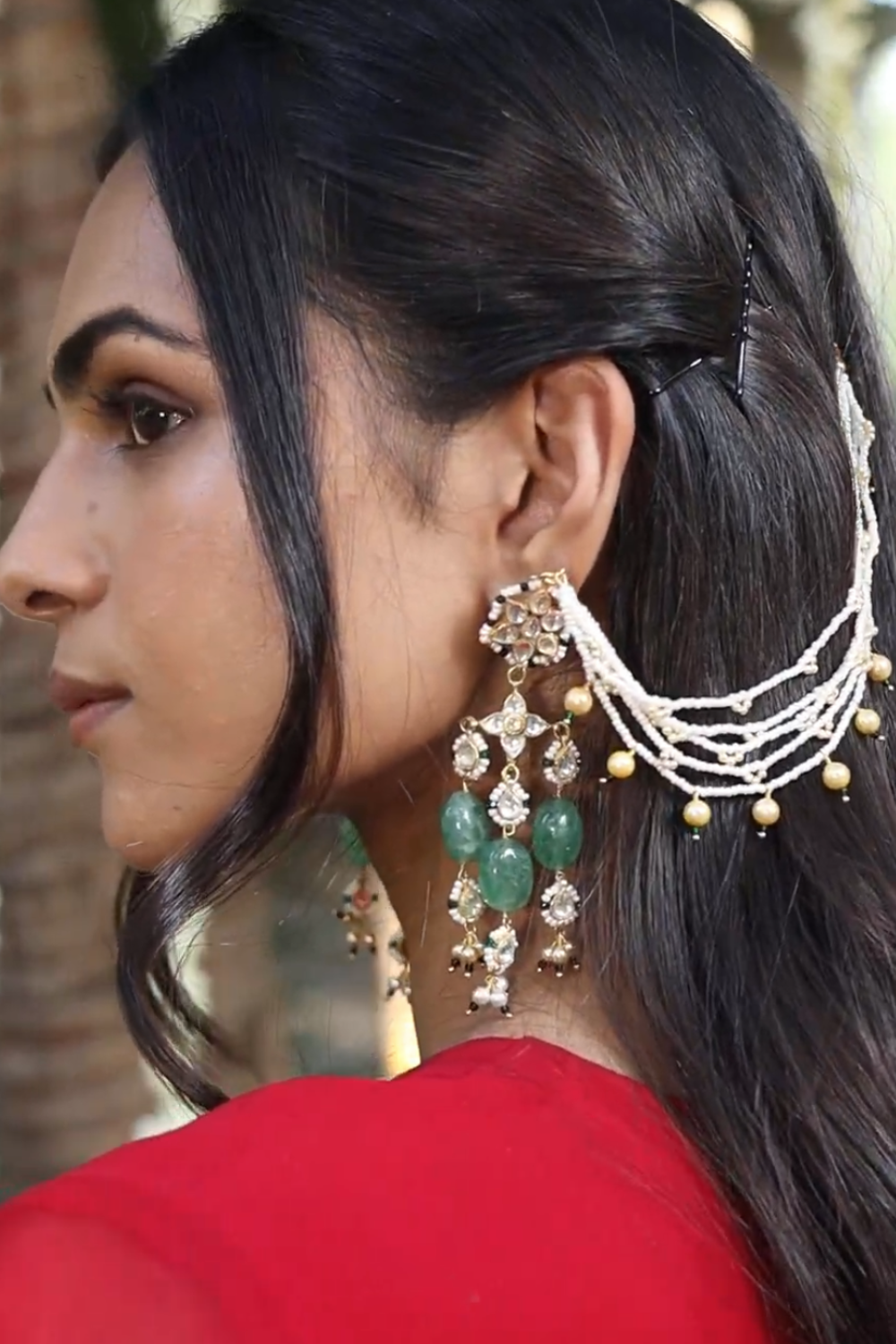 DETACHABLE EMERALD GREEN KUNDANKARI KAANCHAIN EARRINGS