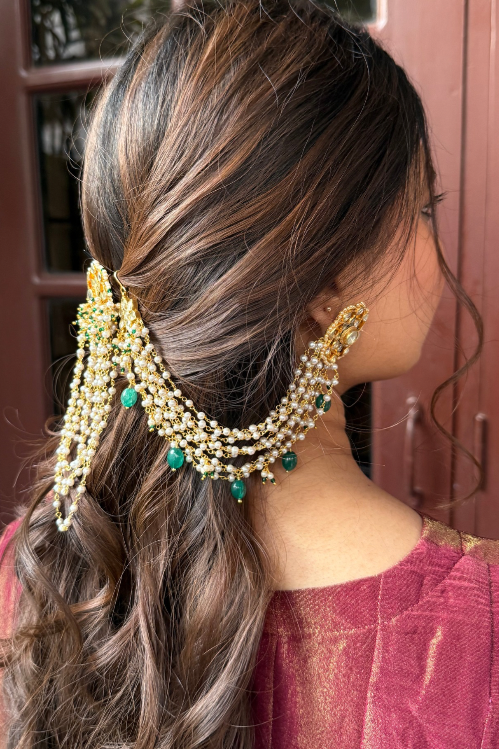 KUNDAN PEARL HEAVY SAHARA EARRINGS & HAIR PIN COMBO