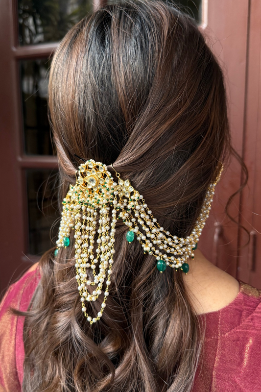 KUNDAN PEARL HEAVY SAHARA EARRINGS & HAIR PIN COMBO