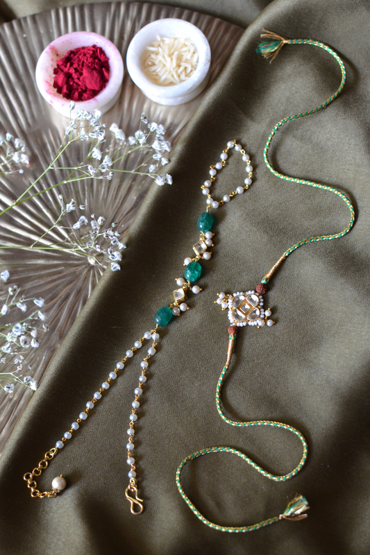 GREEN ONYX HATHPHOOL BHABHI LUMBA & BHAIYA RAKHI SET