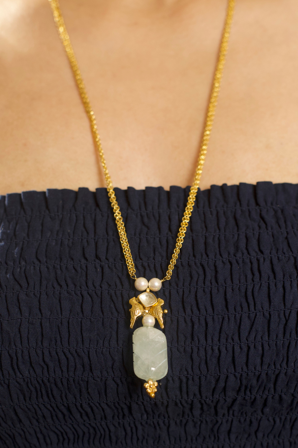 LOVE BIRDS AND PEARL CHAIN NECKLACE- SKY BLUE