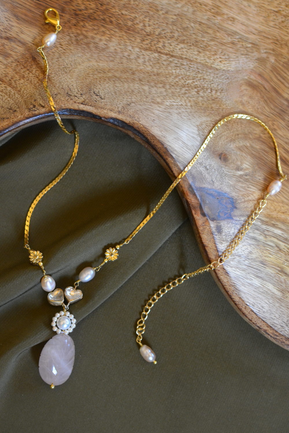 THREE-STYLE PEARL POLKI NECKLACE SET- ROSE QUARTZ AND SKY BLUE