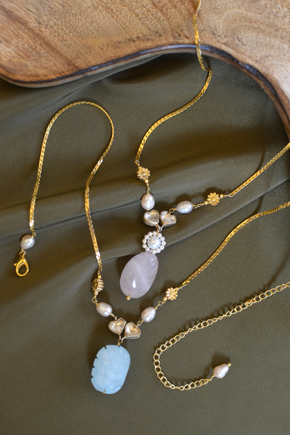 THREE-STYLE PEARL POLKI NECKLACE SET- ROSE QUARTZ AND SKY BLUE