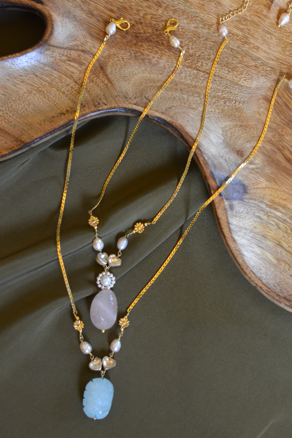 THREE-STYLE PEARL POLKI NECKLACE SET- ROSE QUARTZ AND SKY BLUE