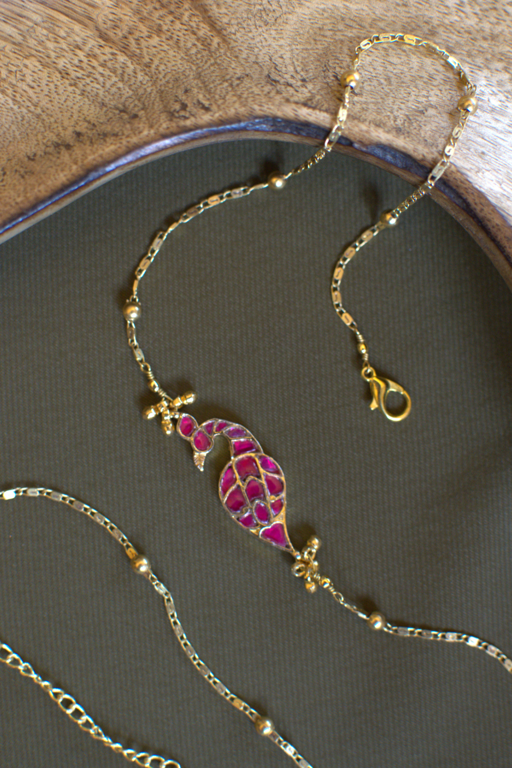 PINK PEACOCK AND GOLDEN BELLS CHAIN NECKLACE