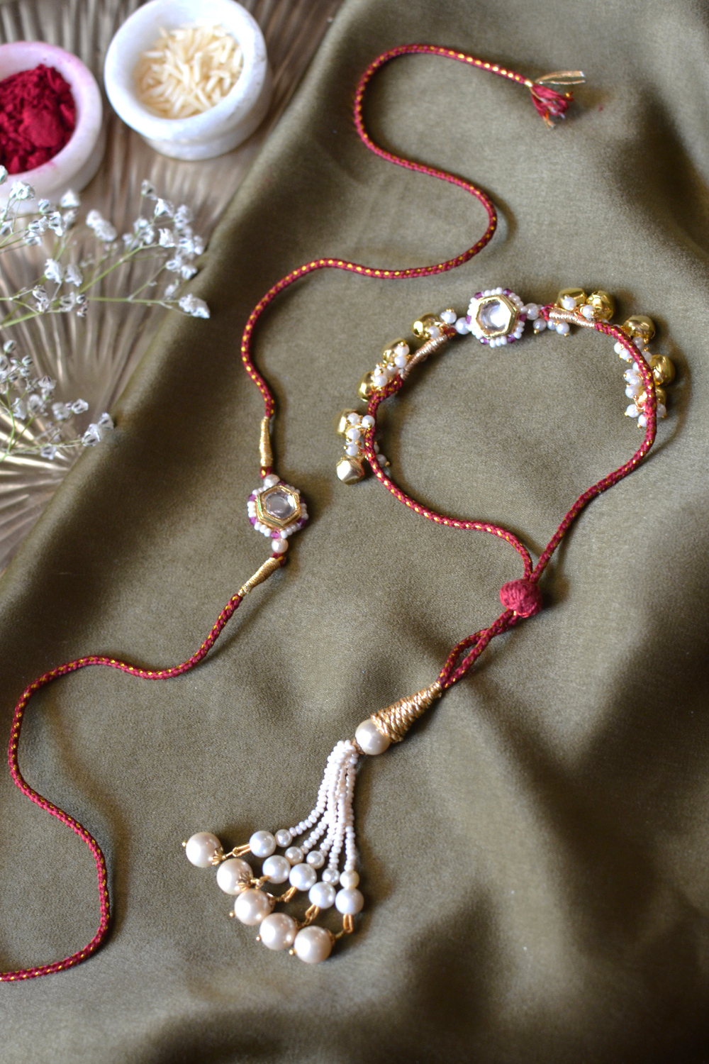 RED GHUNGAROO THREAD RAKHI & LUMBA SET