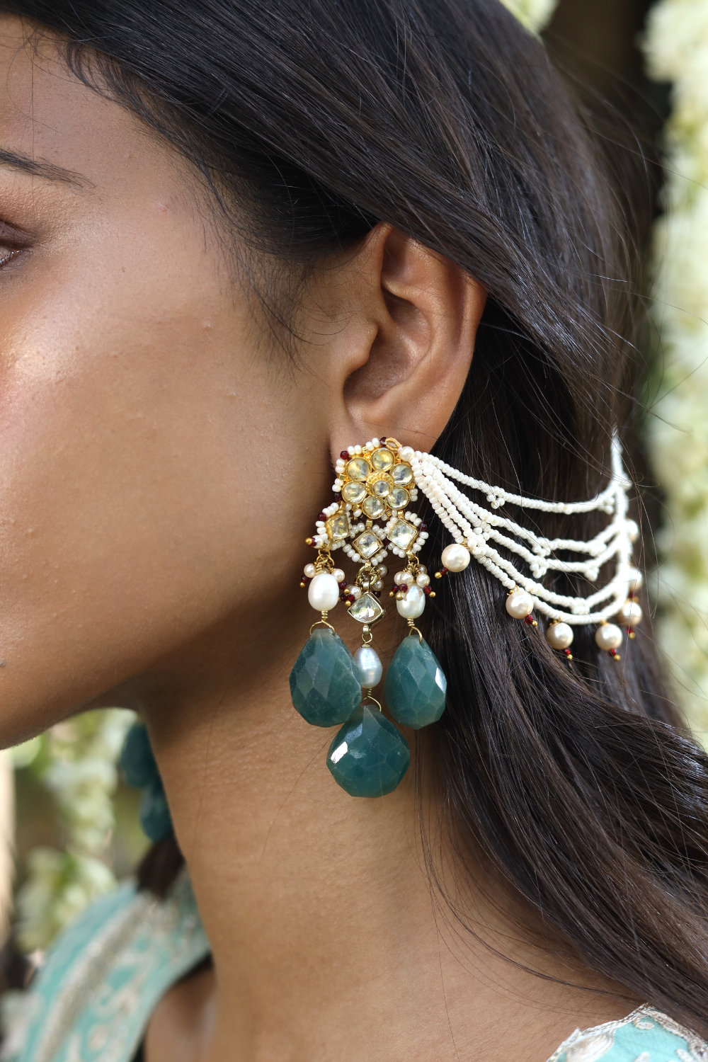 TEAL BLUE KUNDANKARI KAANCHAIN EARRINGS