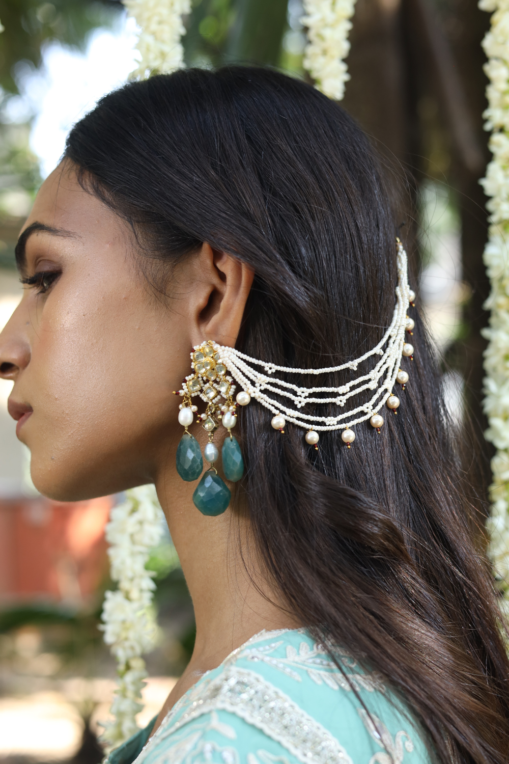 TEAL BLUE KUNDANKARI KAANCHAIN EARRINGS