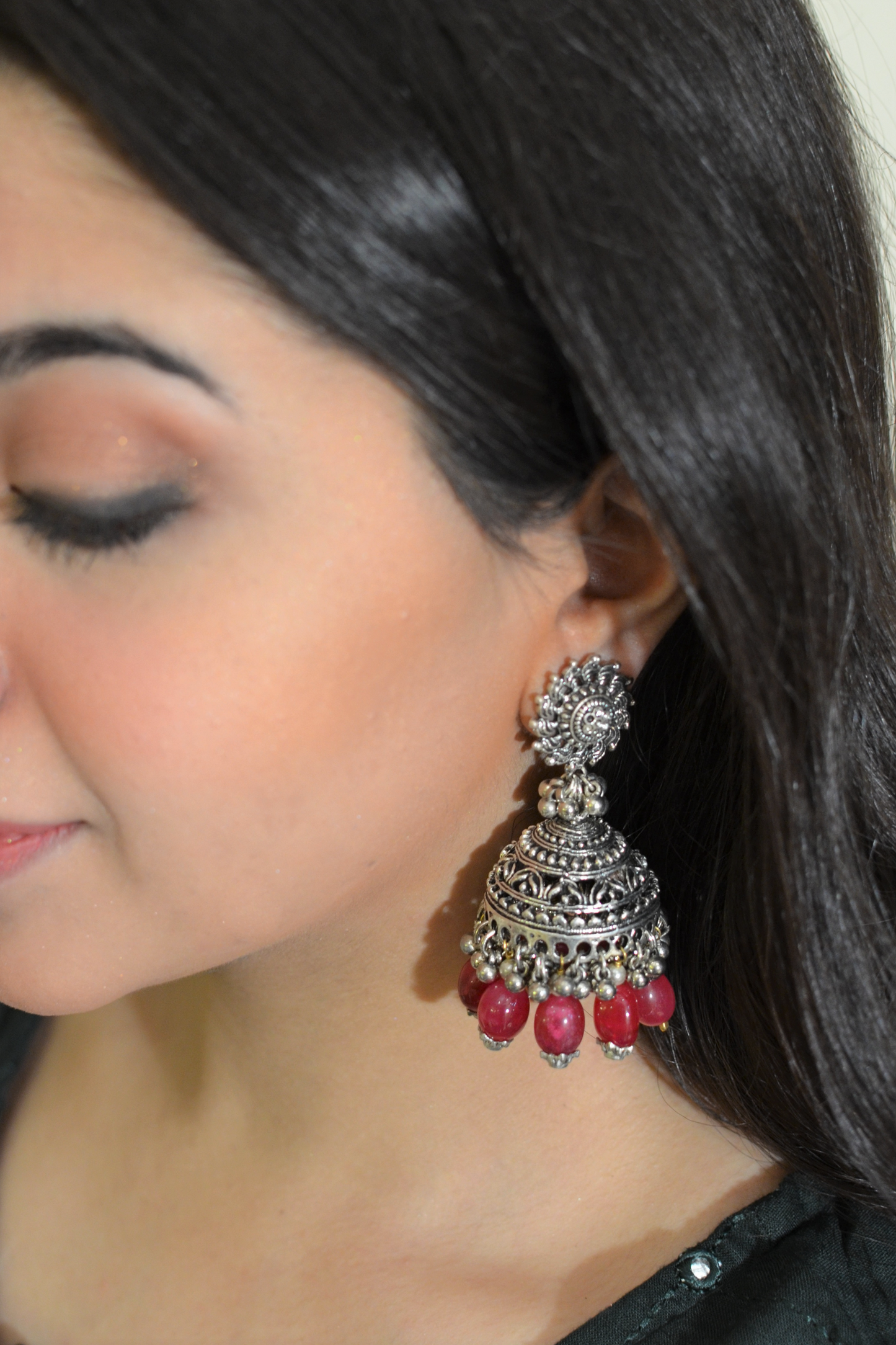 SILVER POLKI CHOKER & RED QUARTZ JHUMKAS SET