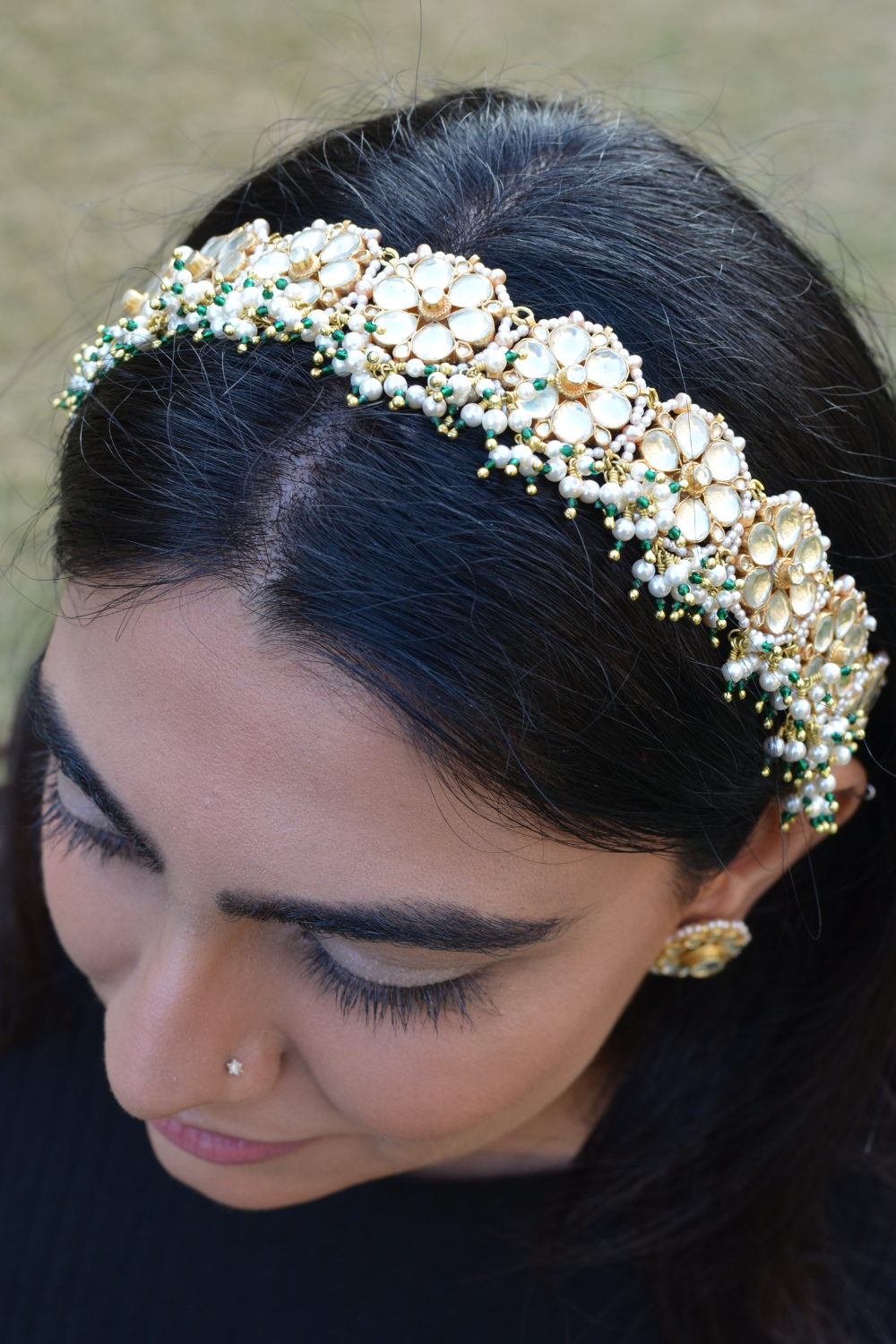 FLOWER POLKI BRIDAL SHEESHPATTI-CUM-CHOKER (WITH DETACHABLE DORI)-GREEN