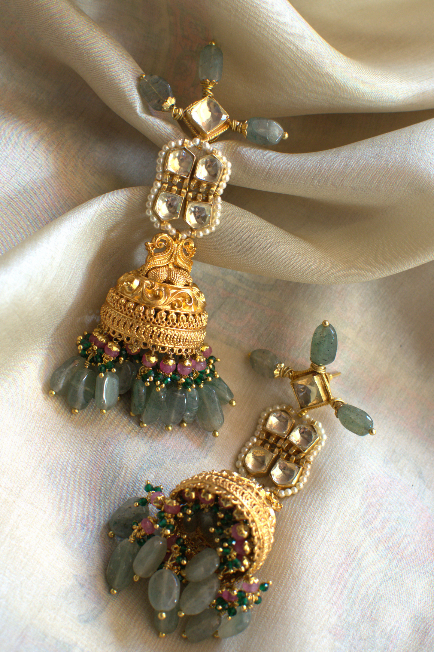 KUNDAN JHUMKAS & GREEN TASSEL BRACELET SET