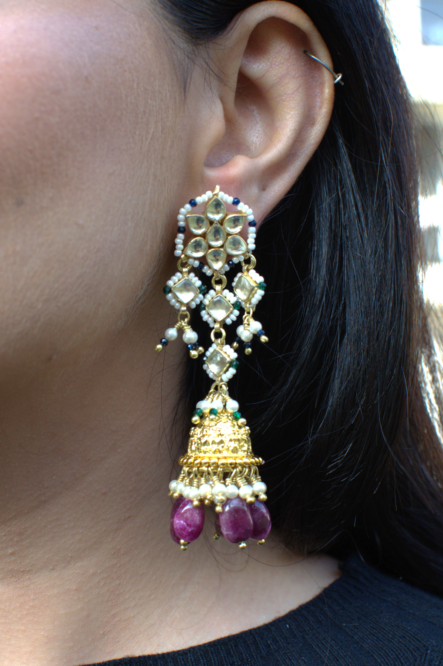 PETAL FLOWER GOLDEN POLKI JHUMKIS- DEEP PINK