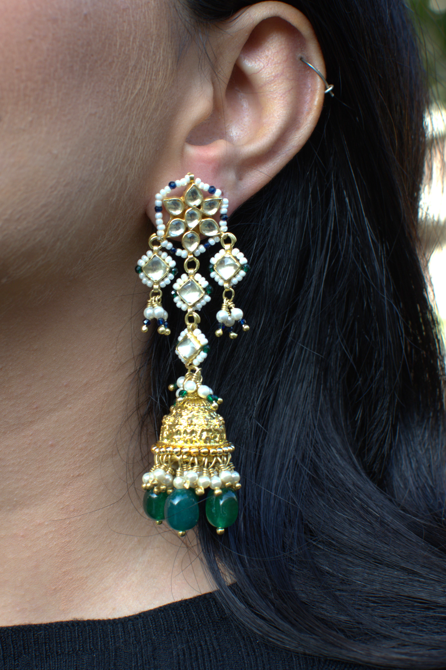 PETAL FLOWER GOLDEN POLKI JHUMKIS- GREEN