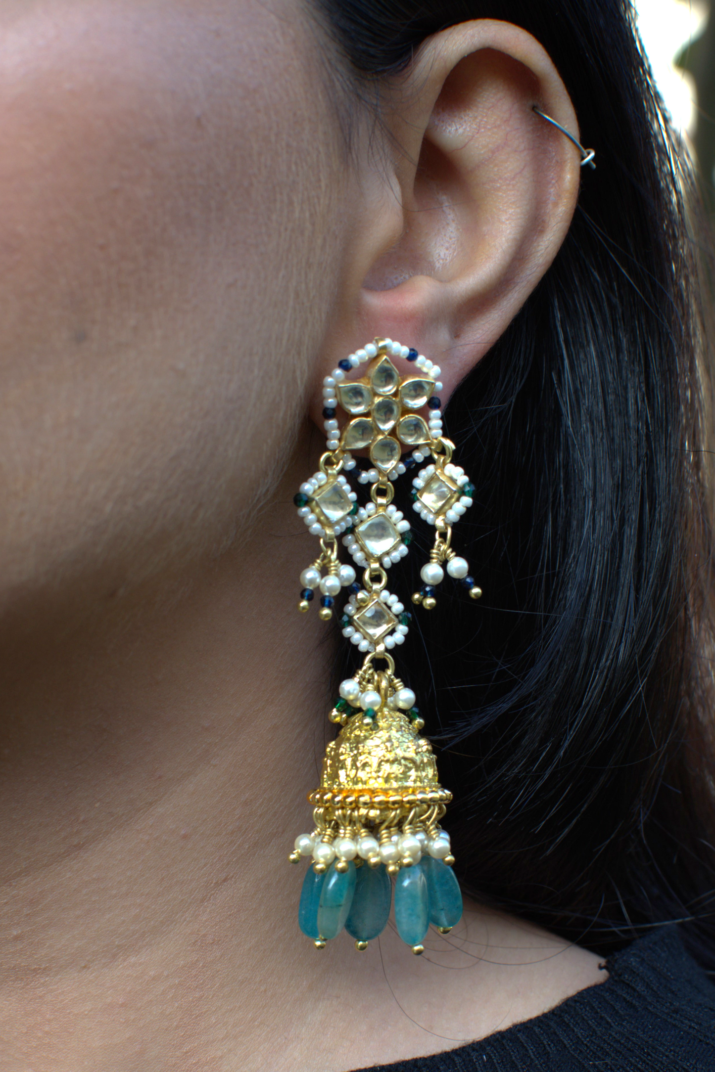 PETAL FLOWER GOLDEN POLKI JHUMKIS- BLUE