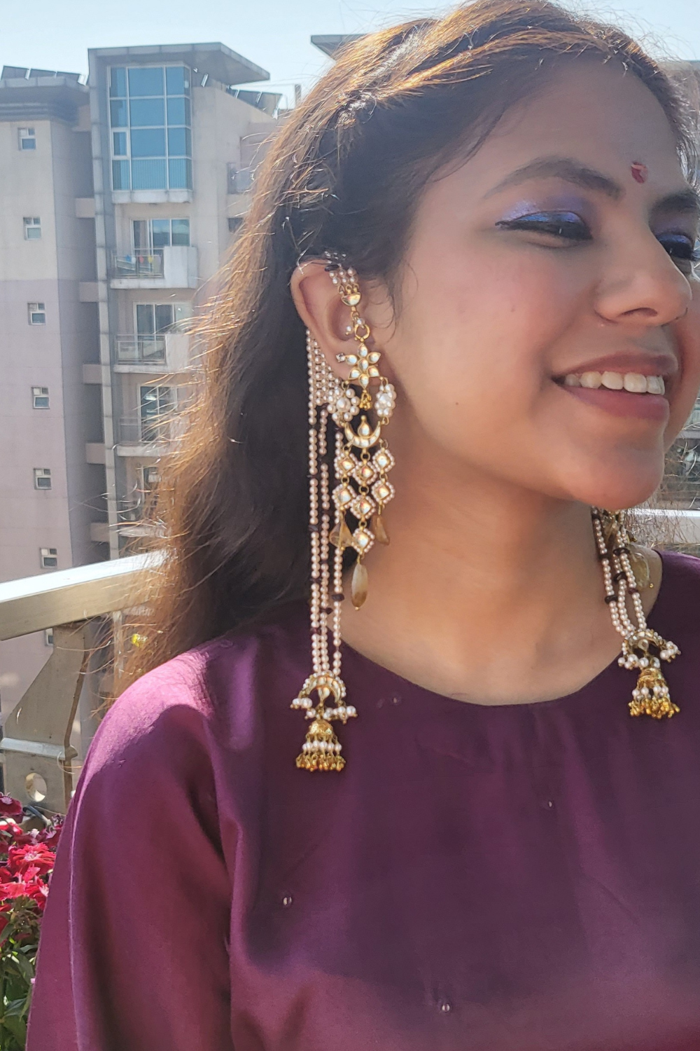 DETACHABLE DOMUKHI KUNDANKARI EARRINGS - AMBER