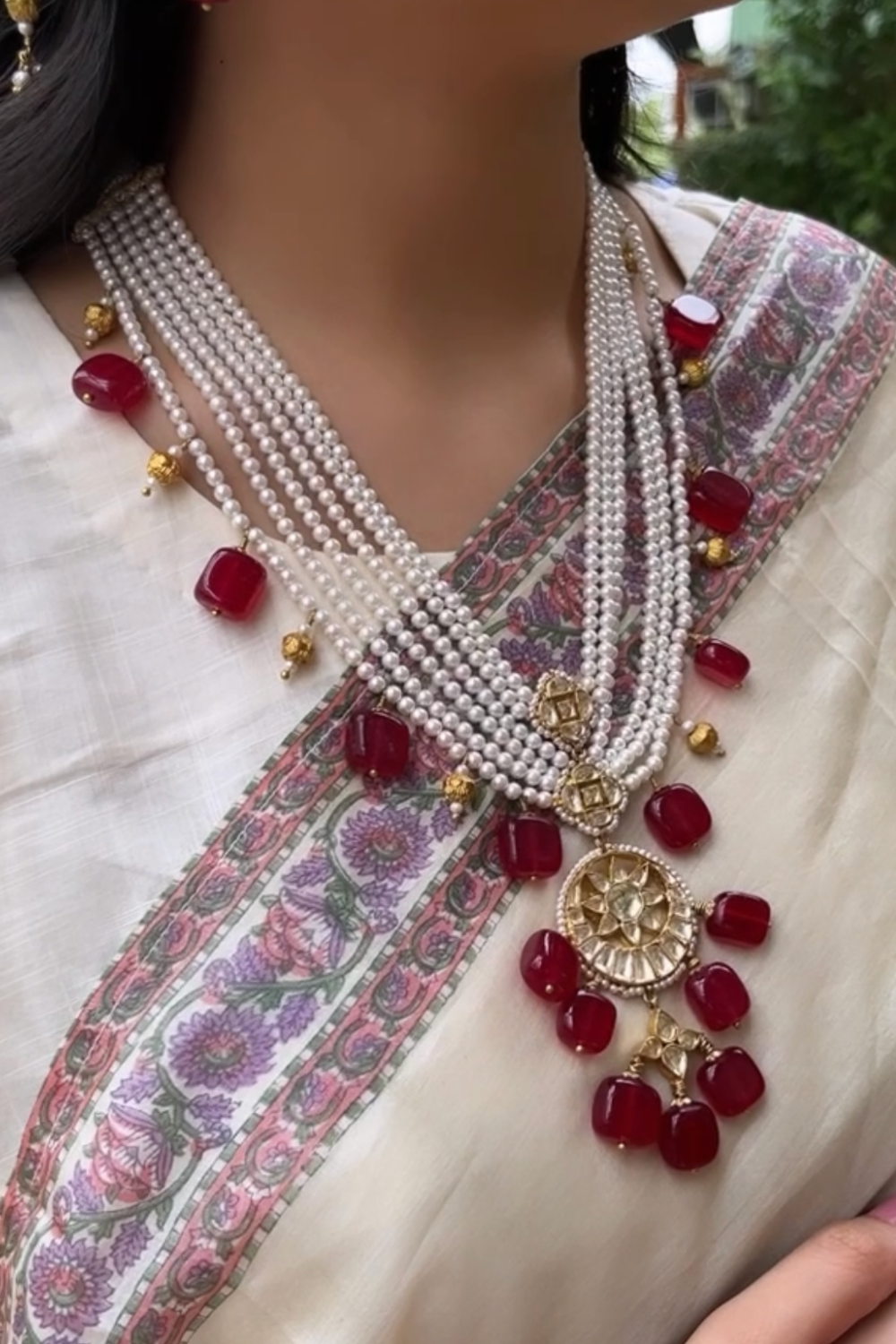 RED QUARTZ PEARL GOLD BEADS NECKLACE