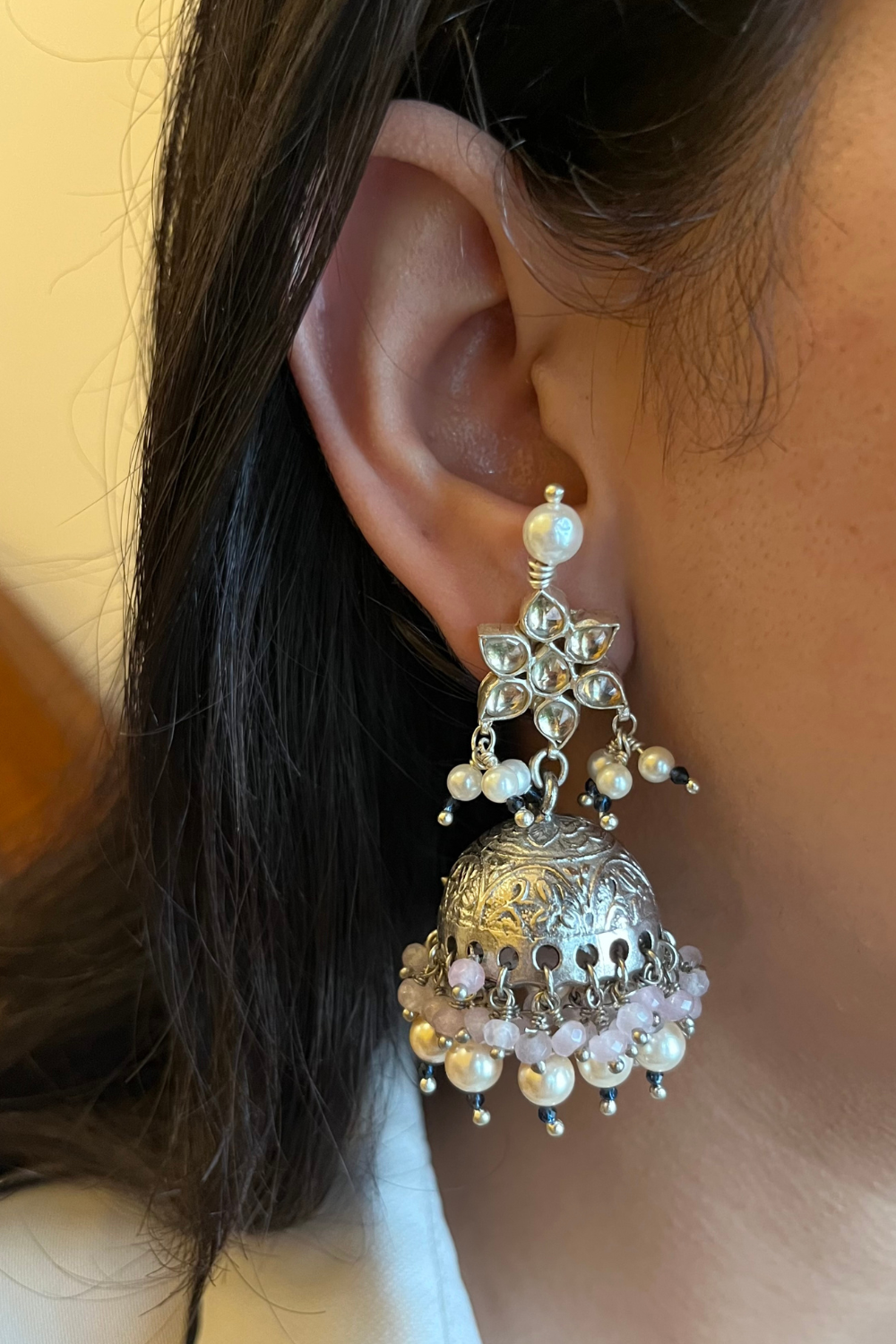 SILVER POLKI PINK JHUMKAS