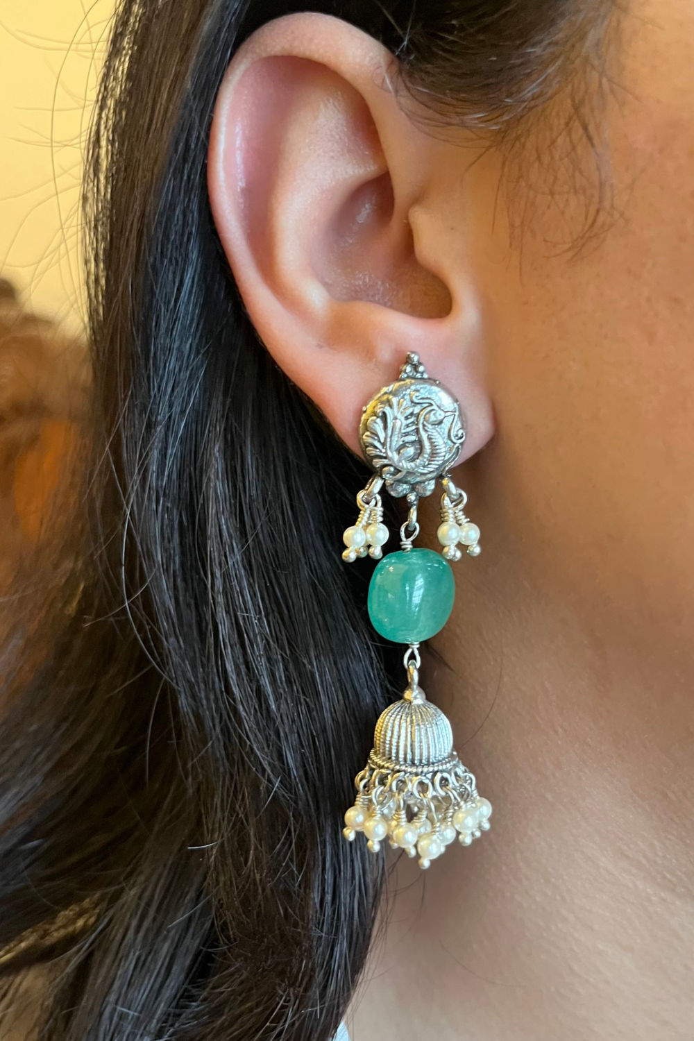 PEACOCK GREEN TUMBLE JHUMKIS