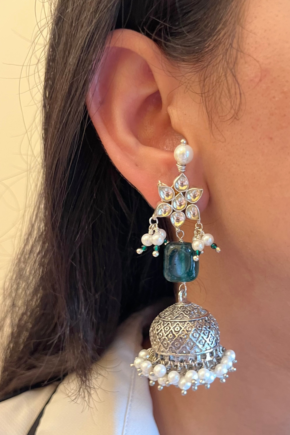 SILVER POLKI GREEN TUMBLE JHUMKIS