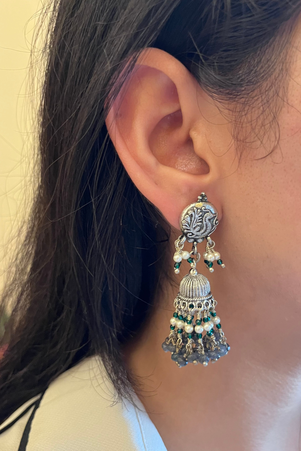 PEACOCK GREY BEAD JHUMKIS