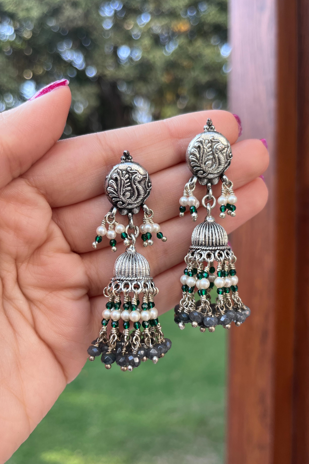 PEACOCK GREY BEAD JHUMKIS