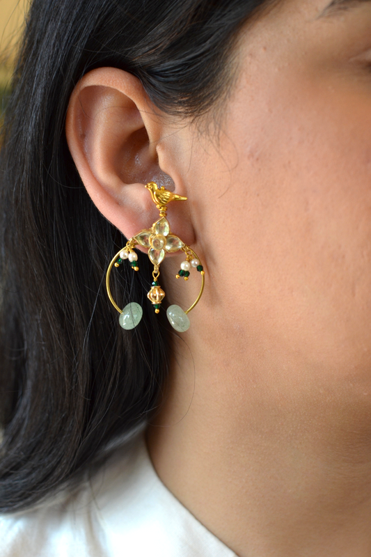 STONE STUDDED POLKI BIRD HOOPS- SAGE GREEN