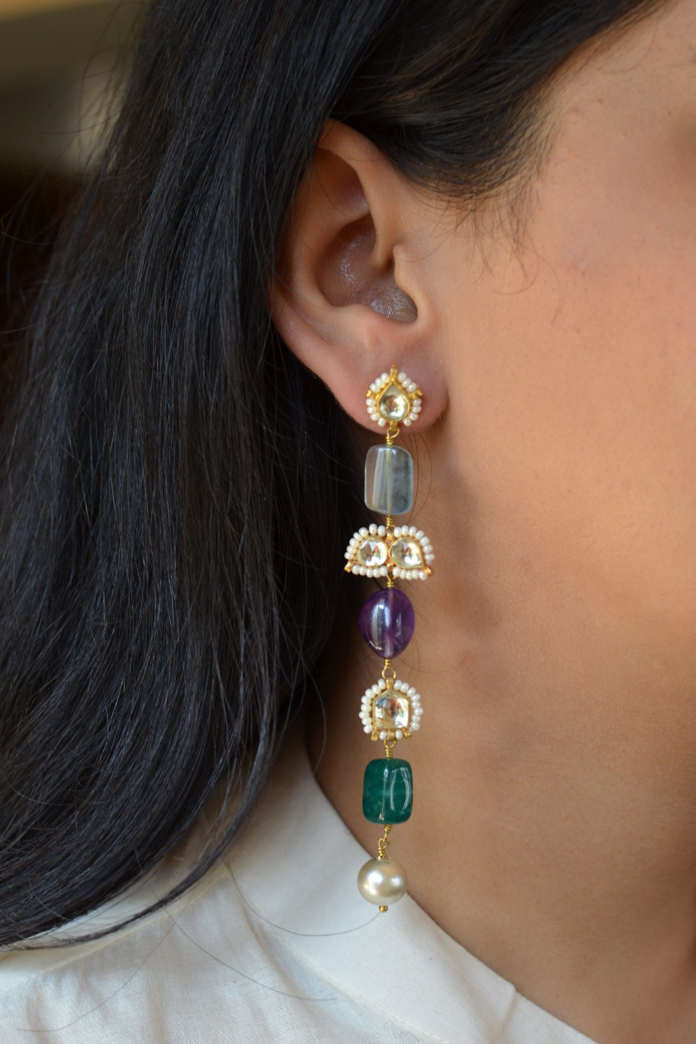 POLKI STONE DANGLER EARRINGS- MULTICOLOURED