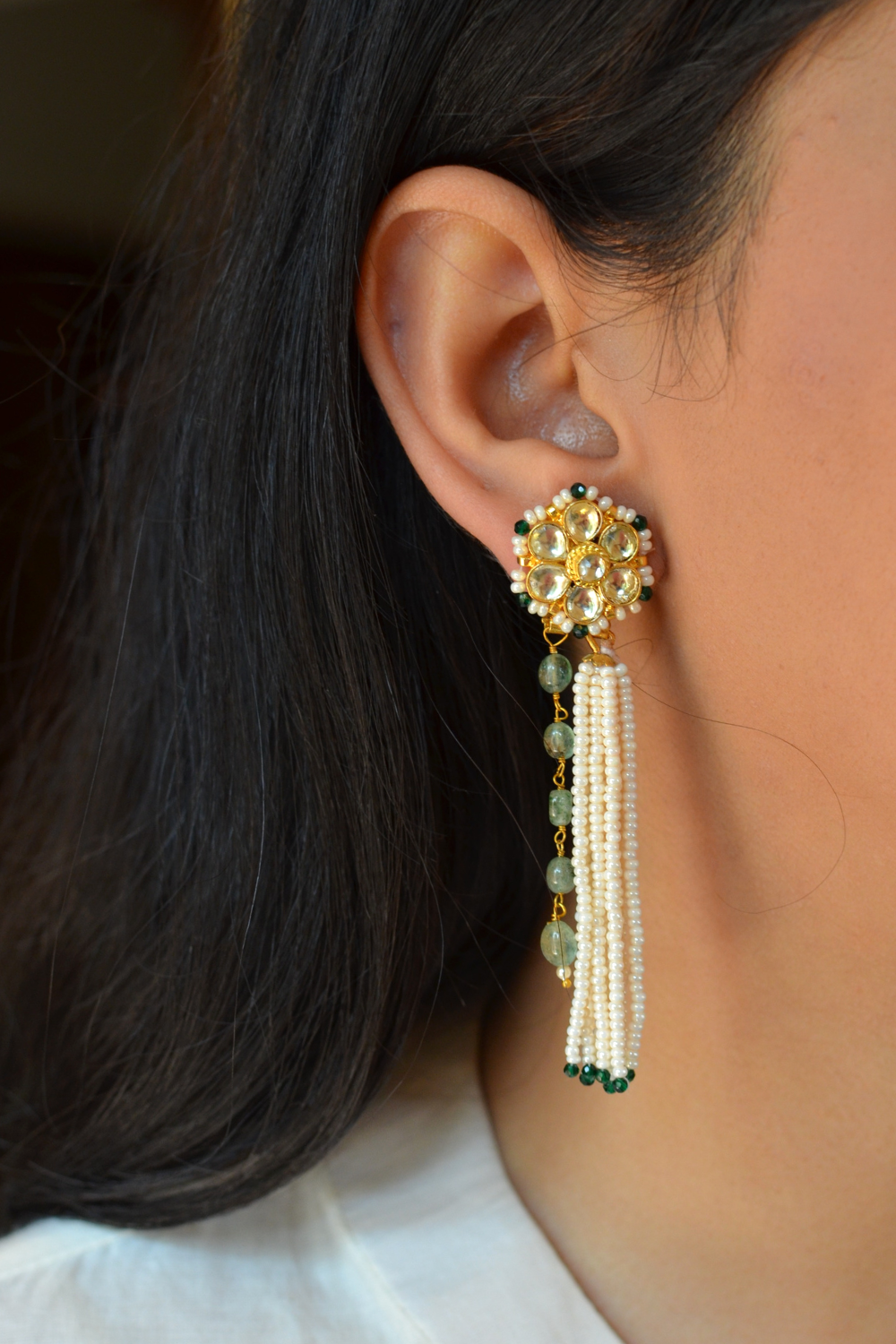 PUSHPA PEARL TASSEL EARRINGS- GREEN – Heer House Of Jewellery