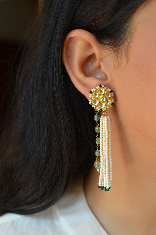 PUSHPA PEARL TASSEL EARRINGS- GREEN