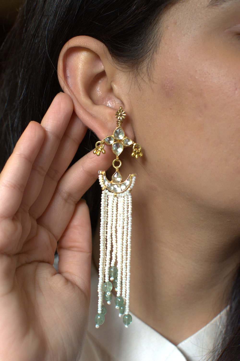 PEARL DRAPE POLKI EARRINGS- GREEN