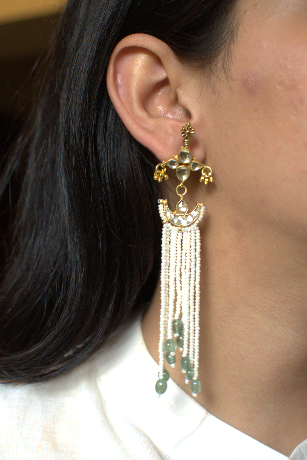 PEARL DRAPE POLKI EARRINGS- GREEN